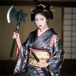 geisha in shiny kimono holding a battle axe, fashion editorial photography, 1 8 mm f 6