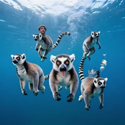 Floating lemurs showing their tongues over a blue ocean, Darek Zabrocki, Karlkka, Jayison Devadas, Phuoc Quan, trending on Artstation, 8K, ultra wide angle, pincushion lens effect.