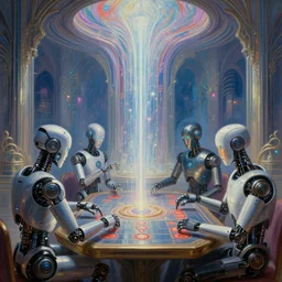 ai virtual robots playing multidimensional intellectual logic games against each other in a glowing cypherpunk thunderdome, beautiful delicacy, flowing art deco nouveau brutalist architecture, tim hildebrandt, wayne barlowe, bruce pennington, donato giancola, trending on artstation, cinematic composition, beautiful lighting, hyper detailed, 8 k, oil on canvas