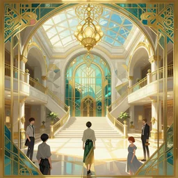 art deco painter with a polygonal museum, light dust, magnificent, close up, details, sharp focus, elegant, highly detailed, illustration, by Jordan Grimmer and greg rutkowski and PiNe(パイネ) and 薯子Imoko and 香川悠作 and wlop and maya takamura, intricate, beautiful, Trending artstation, pixiv, digital Art