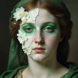hyperrealism close - up mythological portrait of a beautiful medieval woman's shattered face partially made of white color flowers in style of classicism using the fibonacci golden ratio, pale skin, emerald shadows on the eyes, wearing green colour robe, dark and dull palette
