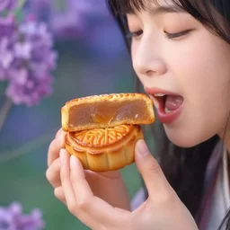 ' someone vey happy tasting a delicious mooncake, very details'by artgem, hugh kretschmer and edwin austin abbey, victo ngai, makoto shinkai, style of macro lens, lilac, star war