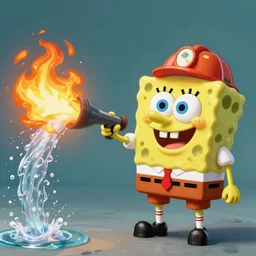 spongebob square fighting fire with watercanon, wearing a fireman suit, portrait, highly detailed, steampunk, fantasy, trending on artstation, character design, sharp focus, illustration, digital matte painting, art by greg rutkowski