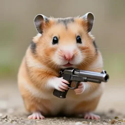 a sad hamster holding a gun