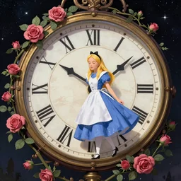 Alice in Wonderland,Clock,Rose twining,out of time and space,dreamy, eternity, romantic,highly detailed,in the style of Franz Xaver Winterhalter, night lighting