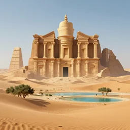 dune city and temples of arrakis, arrakeen with trees and water, arab ar architectural and brutalism and gigantism, from frank herbert novels, composition idea concept art for movies, style of denis villeneuve and greg fraiser