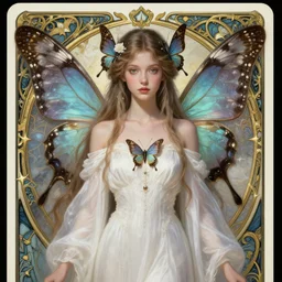 portrait of a ethereal magical young butterfly fairy princess wearing a white robe, d & d, fantasy, intricate, dark souls, elegant, highly detailed, digital painting, artstation, concept art, smooth, sharp focus, illustration, art by greg rutkowski, maxfield parrish and alphonse mucha, new art nouveau, tarot card