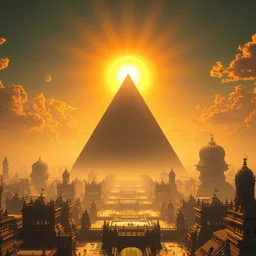 an futuristic solarpunk city with temples with a giant pyramid and bright sun crepuscular rays 8 k highly detailed hyperornate trending on artstation