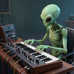 Alien Humanoid Music Producer, Playing Analogue Modular Synthesizers, Cables Everywhere, CGSociety