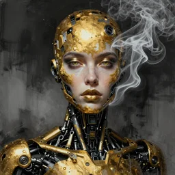 black gold ink smoke robotic man portrait, futuristic grunge art in the style of WLOP and Tony Sart