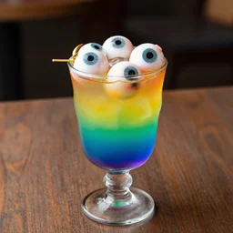a delicious looking glass of a rainbow colored drink eyeballs mixing intensely