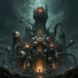 A towering Castle made of eyeballs and tentacles, Lovecraftian, 4k, masterpiece, cinematic, glowing, by Greg Rutkowski, Trending on Artstation, Behance.