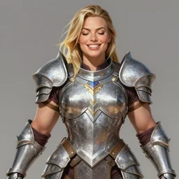 full figure ultra realistic illustration, margot robbie as thick female bodybuilder knight zarya from overwatch smiling with closed eyes wearing armour, intricate, elegant, highly detailed, digital painting, artstation, concept art, smooth, sharp focus, illustration, art by artgerm and greg rutkowski and alphonse mucha