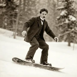 Vintage photograph of Nikola Tesla snowboarding.