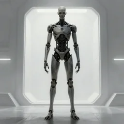 concept art by greg rutkowski, a very tall and slender cyborg, similar to a michelangelo, standing in front of a large rectangular looking space, high tech and futuristic white walled environment, unnatural lighting, uncanny atmosphere, frightening and creepy atmosphere, scifi, highly detailed portrait, digital painting, artstation, concept art, smooth, sharp foccus ilustration, artstation hq