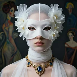 a futuristic portrait covered by mask made of wires and white gauzes and plastic flowers, necklace made by gauzes twisted around neck, design by leonardo davinci, inspired by egon schiele, balenciaga, modern art, baroque art jewelry, new classic, fashion design, photorealistic, hyper realistic, cinematic composition, cinematic lighting, fashion design, concept art, 8 k, - - n 9