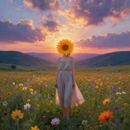 girl with a flower for a head, surreal photography, dream, standing in flower field, magical, in a valley, sunrise dramatic light, impressionist painting, colorful clouds, artstation, simon stalenhag, flower face