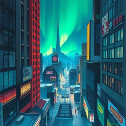 northern lights in cyberpunk city look from above rule of thirds golden ratio, fake detail, trending pixiv fanbox, acrylic palette knife, style of makoto shinkai studio ghibli genshin impact james gilleard greg rutkowski chiho aoshima