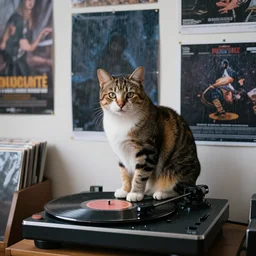 photography of a Cat sitting on a record player.  in a room full of posters, photorealistic, raining award winning photo, 100mm, sharp, high res