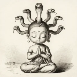 sketch of a chibi patanjali meditating with snakes around his head, etching by louis le breton, 1 8 6 9, 1 2 0 0 dpi scan