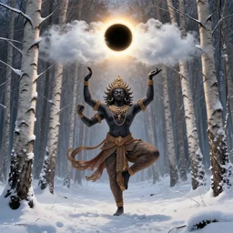 nataraja dancing in a winter birch grove and raising snow clouds during a solar eclipse, visionary art style