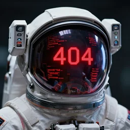 Highly detailed portrait of astronaut helmet with red warning 404 error code displaying on astronaut helmet, red lines of code showing on the astronaut helmet trending on Artstation HQ, 4K, UHD, High quality, reflections, realistic, futuristic, sci-fi, photorealistic