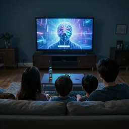 pov shot behind a a family sat on a sofa watching mind control TV propoganda in an eerie room, trending on artstation, dystopian and depressing