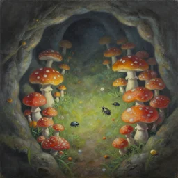 painting of a colorful fungus garden in a cave, top-down view, Hiroo Isono, dark, foggy, shy beetles
