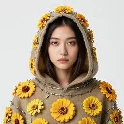 a closeup portrait of a woman wearing a hooded cloak made of zinnias and barbed wire, in a derelict house, by Erik Almas, natural light, detailed face, CANON Eos C300, ƒ1.8, 35mm, 8K, medium-format print