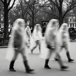 multiple ghostly people walking in the city by frank machalowski. blurred people. city park. street photography. black and white. ilford delta. long exposure, extreme motion blur on people.