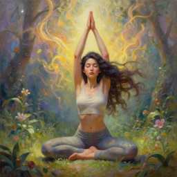 a beautiful intricate oil paint of dark haired girl in yoga pants sitting in a garden doing a sun yoga pose with energy flowing into the sky, highly detailed, digital painting, artstation, concept art, matte, sharp focus, 3 d, octane render, well rendered, art by artgerm, by greg rutkowski, by alphonse mucha