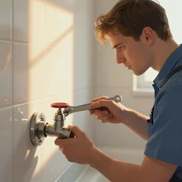 the repairman using a wrench to fix a valve in the bathroom, smooth, extremely detailed, cinematic lighting, illustration, digital art, crepuscular ray, trending on artstation, art by wlop and greg rutkowski, golden ratio