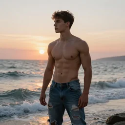 a very muscular and defined male teen wearing ripped pants and shirt looking to the sea at sunset, godrays, complementary colors, natural lighting, portait image, path tracing, serene landscape, high quality, highly detailed, 8K, soft colors, warm colors, turbulent sea, high coherence, anatomically correct, hyperrealistic, concept art, defined face, five fingers