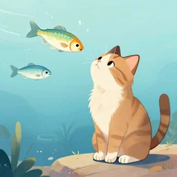 a cat dreams about fish, digital art
