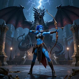 super realistic digital illustration of a blue skin female archer shooting an arrow at a black dragon on a medieval palace courtyard at night, menacing, powerful, high quality, epic, dnd, fantasy art, artstation, dramatic lightning, symmetrical