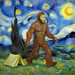 bigfoot camping painted in the style of van gogh