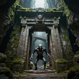 iron golem guarding an ancient temple door, underground, epic, depth of view, crumbled bridge in the background, moss on the walls