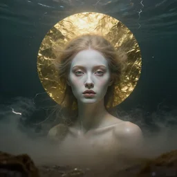 a mystical garden fairy l!! standing in a windy murky underwater! with a very very beautiful symmetrical face!! large gold metallic foil circle behind her, smooth skin, sharp focus, cinematic lightning, murky dusty deep, smoky eyes, isolated, studio lighting by artgerm yuri shwedoff and tom bagshaw