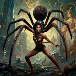 realistic detailed photorealistic film portrait shot of a beautiful black woman with a giant spider, sci-fi city landscape background by Denis Villeneuve, Amano, Yves Tanguy, Alphonse Mucha, Ernst Haeckel, Andrei Tarkovsky, Edward Robert Hughes, Roger Dean, necklace, dynamic pose, rich moody colours, wide angle, blue eyes