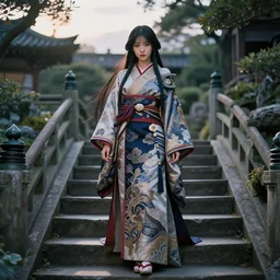 gorgeous japanese princess standing on stairs in an ancient fantasy garden, long hair, beautiful intricately decorated clothing, natural pose, backlight, dusk, shallow depth of field, fantasy matte painting, coherent composition, karole bak, mohrbacher, hasui kawase, noriyoshi ohrai
