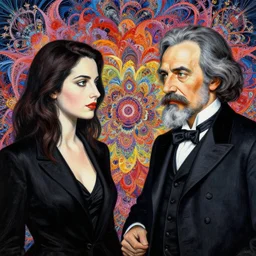 marx meeting with friedrich nietzsche, painted in ian mcque style drawn by vania zouravliov and takato yamamoto, inspired by fractal flowers, intricate acrylic gouache painting, high detail, sharp high detail, artstation