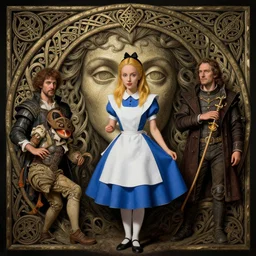 masterpiece alice in wonderland, masterpiece by Edgar Maxence and Ross Tran and Michael Whelan and Caravaggio artistic, intricate drawing, realistic fantasy, extremely detailed and beautiful aesthetic celtic face, establishing shot, 8k resolution, dramatic lighting,