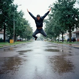 a wide photography full body of a man jumping over a puddle of water in a rainha day, kodachrome