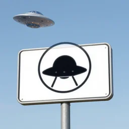 street sign with ufo symbol while there is an ufo in the sky