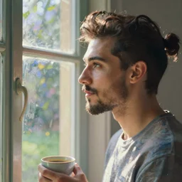 it's morning in the house. a young man with pompadour hairstyle and trimmed beard is looking outside the window while holding a cup in his left hand. sunlight is beautifully lighting the face. depth of field, pleinairism, in the sun, backlit, closeup, oil on canvas, atr by monet, in the style of le promenade, smooth, impressionnisme, 8 k