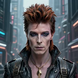 cinematic portrait of an orc david bowie pilot, cyberpunk city background, full face portrait, centered, symmetrical face, atmospheric lighting, intricate, volumetric lighting, cyberpunk, concept art, sharp focus, ultra detailed, concept art by marc simonetti and dan mumford. featured on artstation