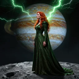 a highly detailed matte portrait of christina hendricks as a red haired wizard, standing on the moon titan and looking at jupiter, viewed in profile, crackling green lightning, ultrawide lens, art by artgerm and greg rutkowski and alphonse mucha, volumetric lighting, octane render, 4 k resolution, trending on artstation, masterpiece