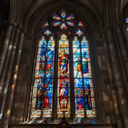 a photo of a tall stained glass window in a cathedral