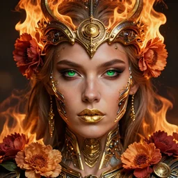 extremely close up front portrait of a beautiful viking cyborg warrior woman, green eyes, gold lips, entwined in flowers and fire, crown of fire, highly detailed, volumetric lighting, intricate time machine, decadent, highly detailed, octane render, concept art, smooth, sharp focus, hyper - realistic