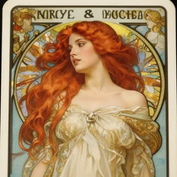 redhead woman, rococo and art nouveau, tarot card, highly detailed, deep focus, elegant, smooth, sharp focus, 8 k, artgerm, alphonse mucha, maxfield parrish, odilon redon, gaston bussiere, eugene grasset, janis rozentals, alphonse mucha